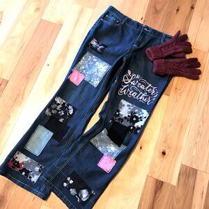 Upcycled Patchwork Flared Jeans: Size 14, Boho Hippie Sweater Weather Pants